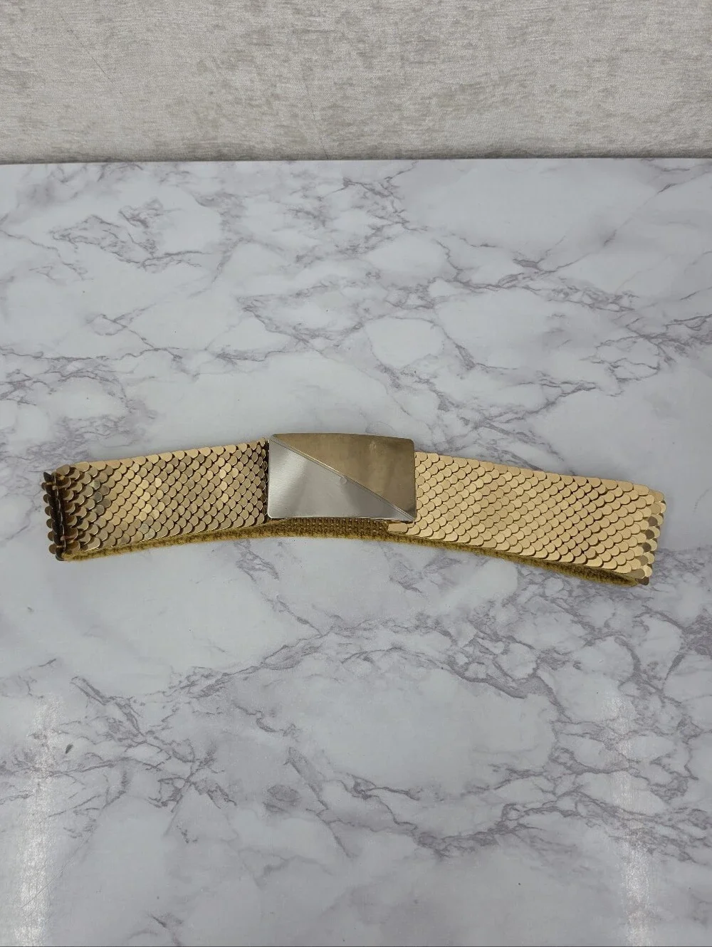 Vintage 80s Gold Tone Articulated Fishscale Stretch Belt Two Tone Buckle